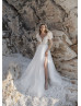 Short Sleeves Beaded Ivory Lace Tulle Slit Wedding Dress